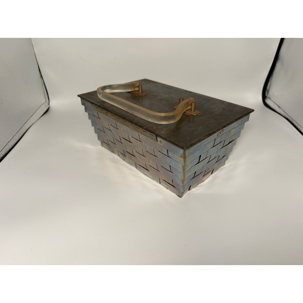 Vintage Woven Metal Box Clutch with Lucite Handle | 1950s Evening Bag - Picture 3 of 8